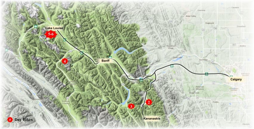 Map showing hiking locations for 7 day hiking trip